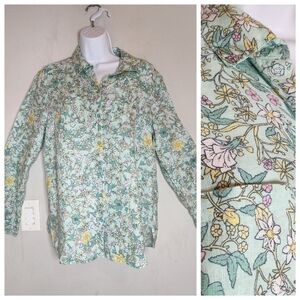 Charter Club 100% Linen Button Down Shirt Green Floral Size Large